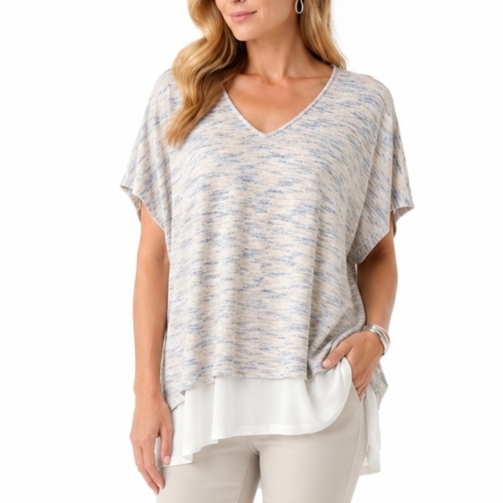 White House Black Market Marbled Space Dye Layered V-Neck Top Blue Cream Large